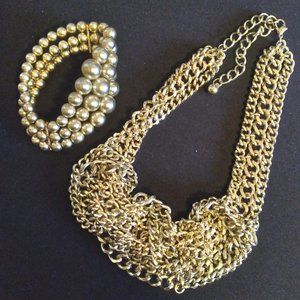 Vintage Chunky Chain Necklace with Gold Bead Bracelet